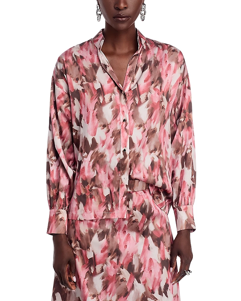 Misook Printed Mandarin Collar Blouse