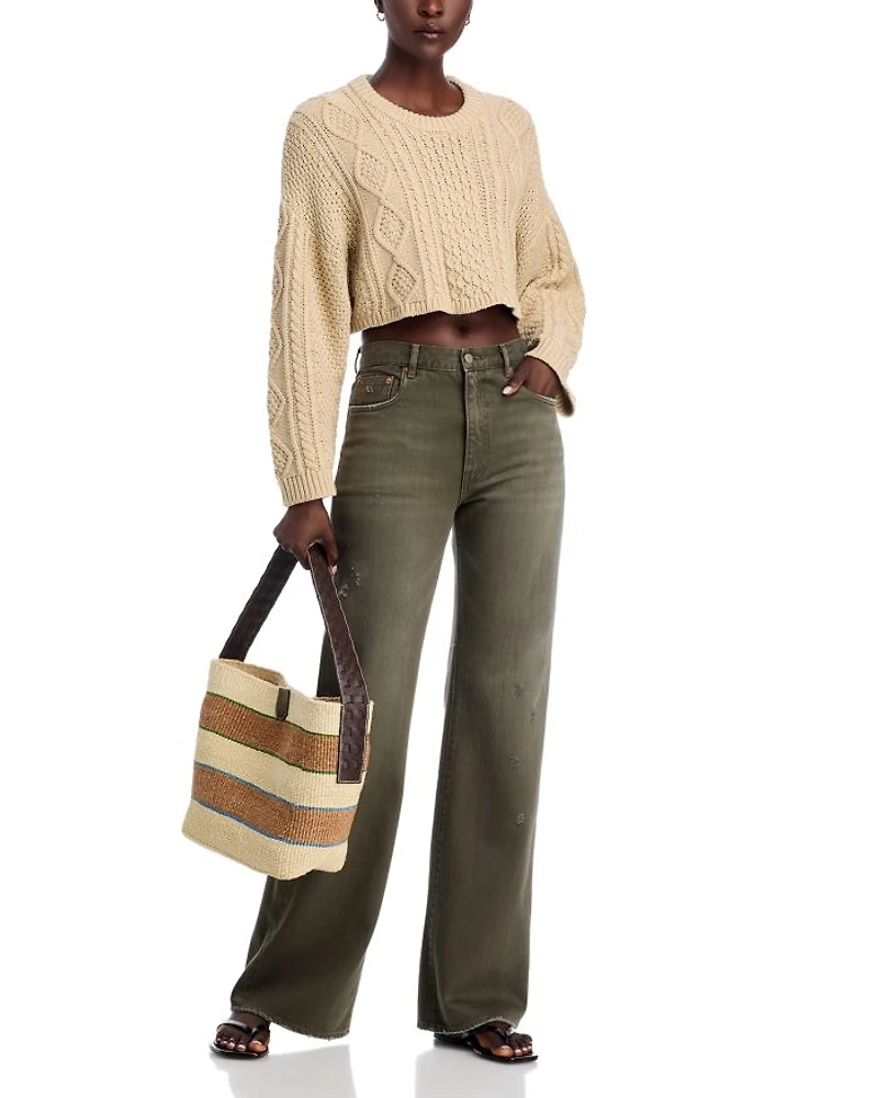 Cropped Cable Crewneck Sweater
