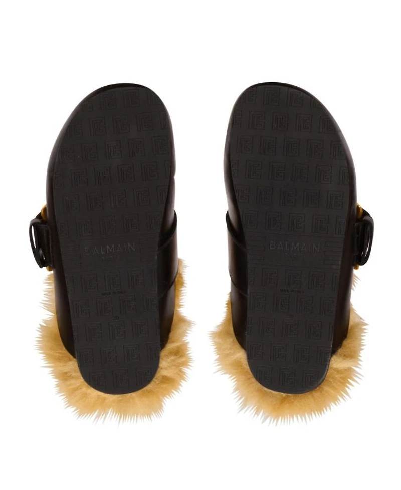 Women's Flat Leather and Faux Fur Mules
