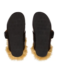Women's Flat Leather and Faux Fur Mules