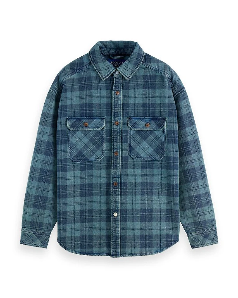 Regular Fit Washed Denim Check Shirt Jacket