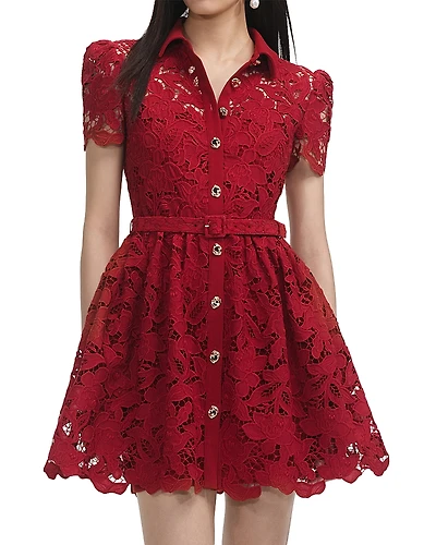 Self-Portrait Burgundy Lace Collared Mini Dress