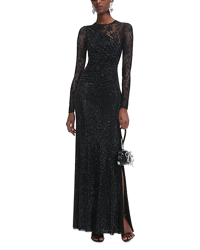 Self-Portrait Black Rhinestone Lace Sleeve Maxi Dress