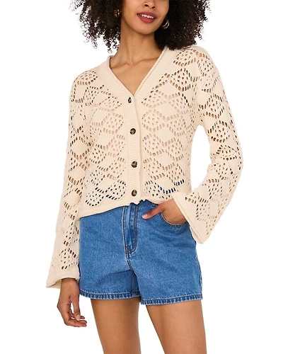 Pointelle V Neck Long Sleeve Cardigan
