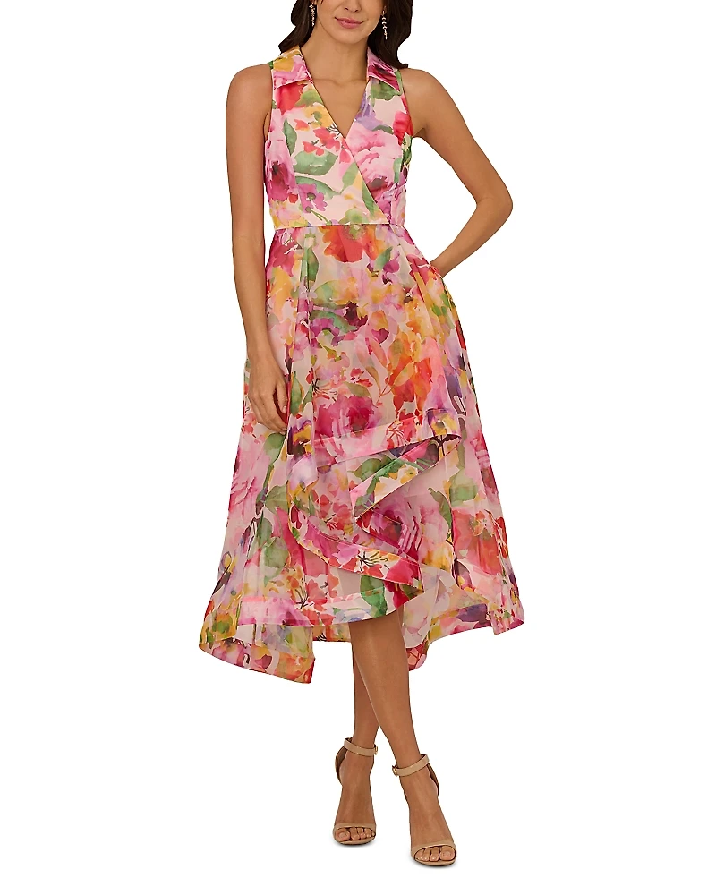 Adrianna Papell Collared Floral Printed High Low Dress