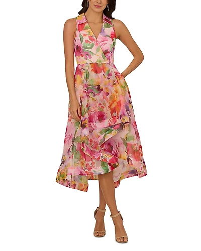 Adrianna Papell Collared Floral Printed High Low Dress