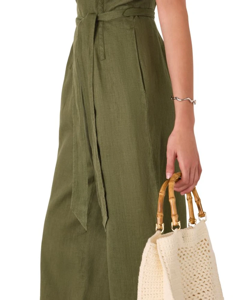 Petite Belted Seamed Linen Jumpsuit