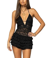 Edikted Lanney Ruffled Sheer Lace Romper