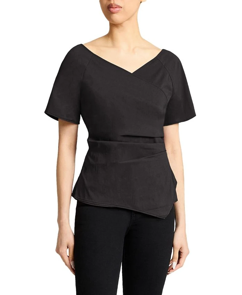 MURPHY Short Sleeve Wrap Top with Asymmetric Tucked Closure Stretch Cotton Blend