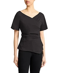 MURPHY Short Sleeve Wrap Top with Asymmetric Tucked Closure Stretch Cotton Blend