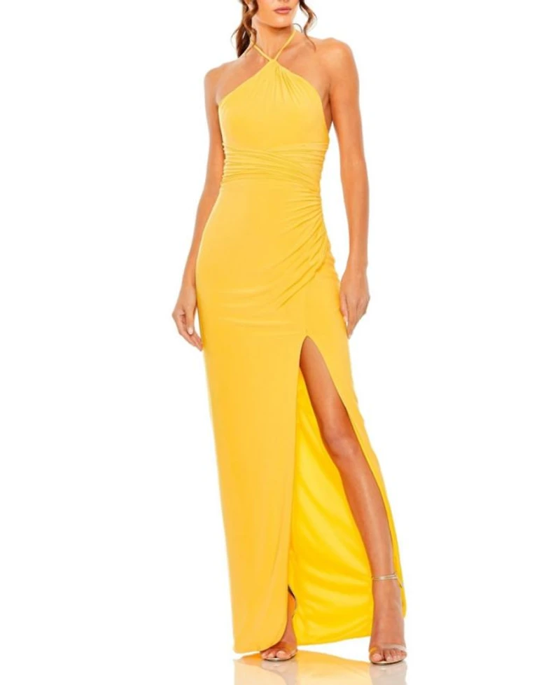 Halter Neck Ruched Side Front Slit Gown