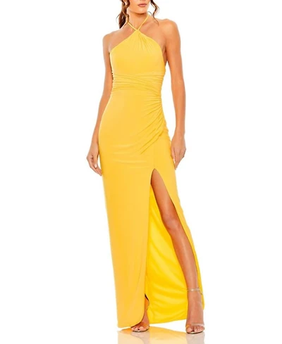 Halter Neck Ruched Side Front Slit Gown