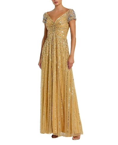 Mac Duggal Striped Sequin Mesh Gown With Beaded Shoulders