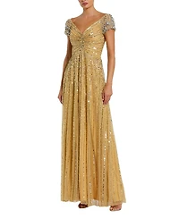 Mac Duggal Striped Sequin Mesh Gown With Beaded Shoulders