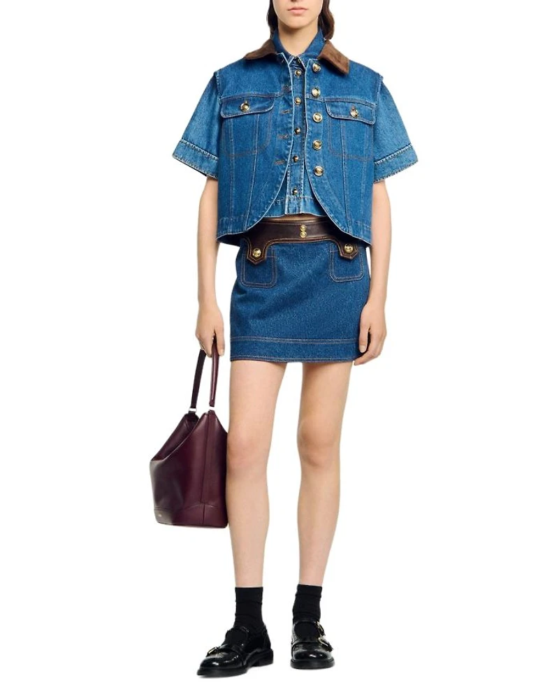Leather Trim Mini Denim Skirt
