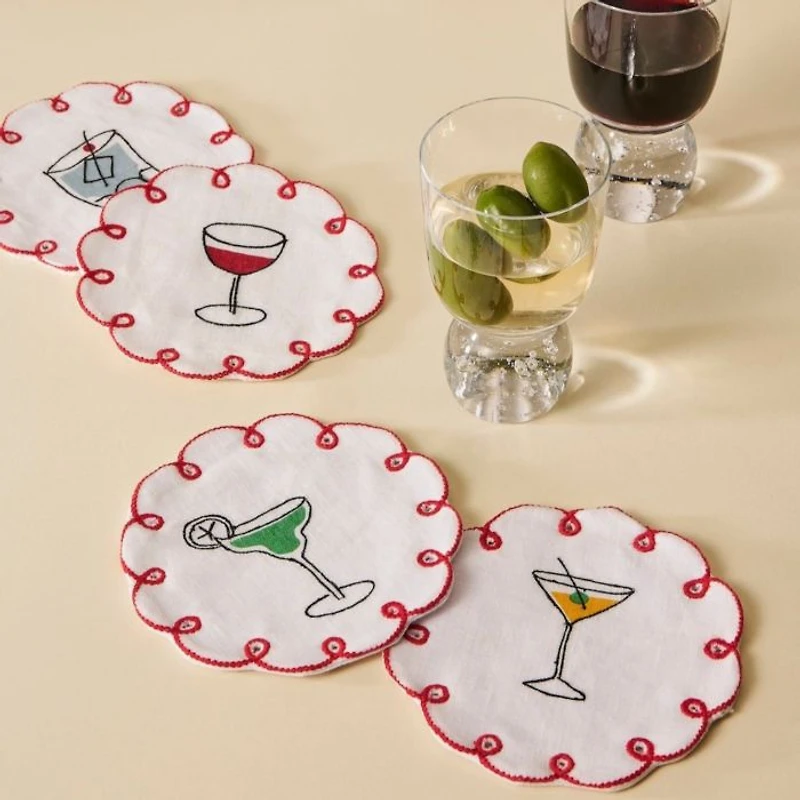 Embroidered Linen Coasters, Set of 4