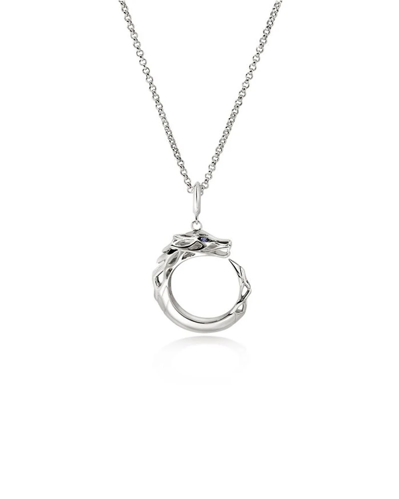 Sterling Silver Naga Blue Sapphire Dragon Circle Pendant Necklace, 16"-18"