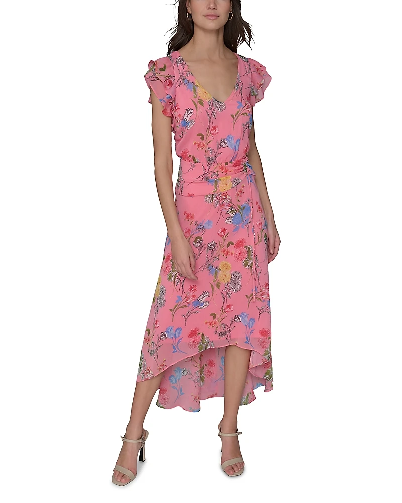 Karl Lagerfeld Paris Floral High Low Flutter Sleeve Dress