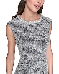 Stretch Tweed Pearl Neck Mini Dress