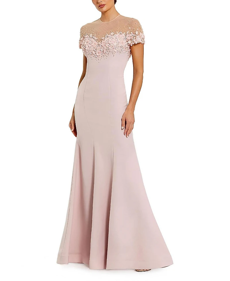Mac Duggal Mermaid Crepe Gown with Beaded Illusion Neck