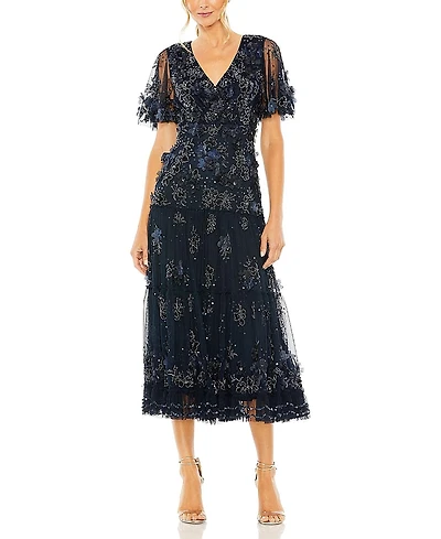 Mac Duggal Floral Embellished Flutter Sleeve Tiered Dress