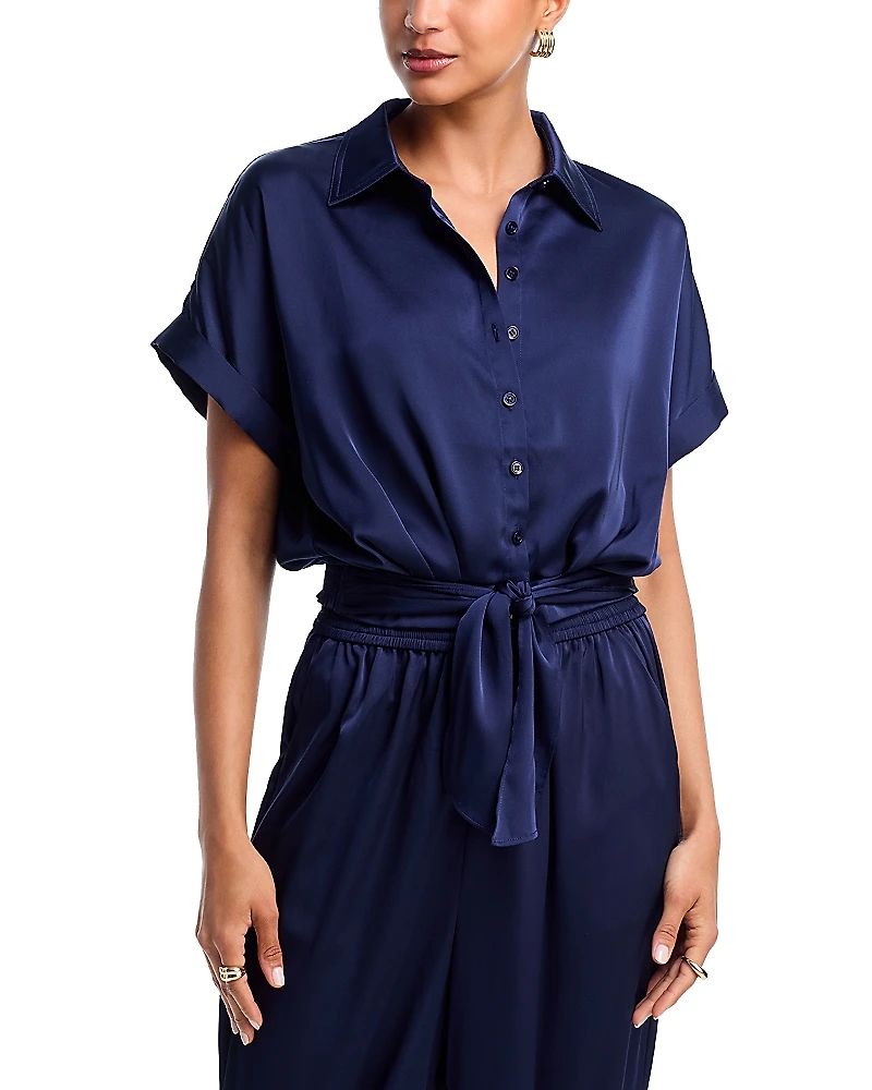 Aqua Tie Front Satin Shirt