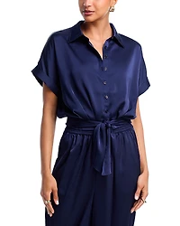 Aqua Tie Front Satin Shirt
