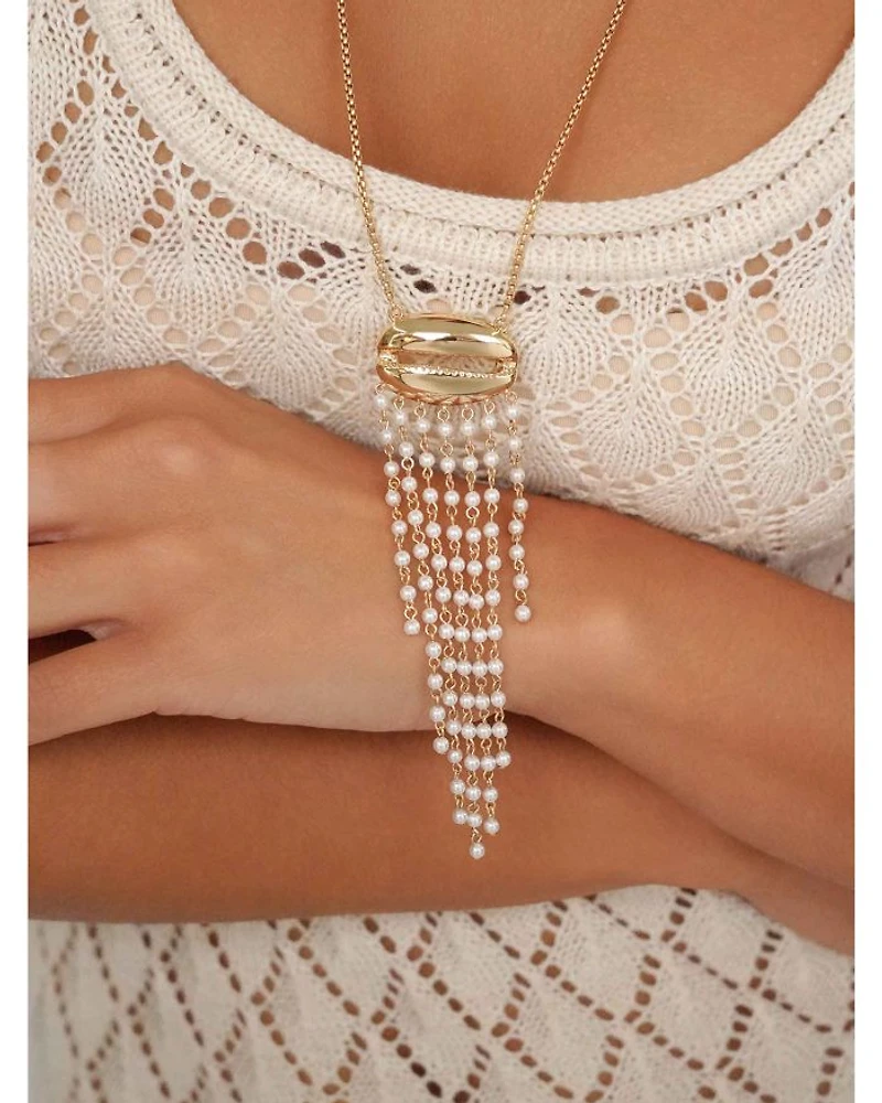 Mykonos Shell Imitation Pearl Fringe Pendant Necklace, 28"