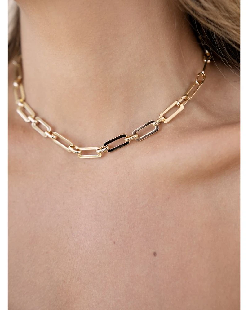 Golden Flat Rectangle Chain Necklace, 15"