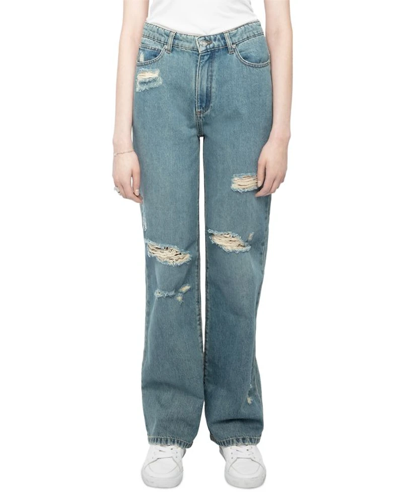 Elio High Rise Distress Jeans Light Blue