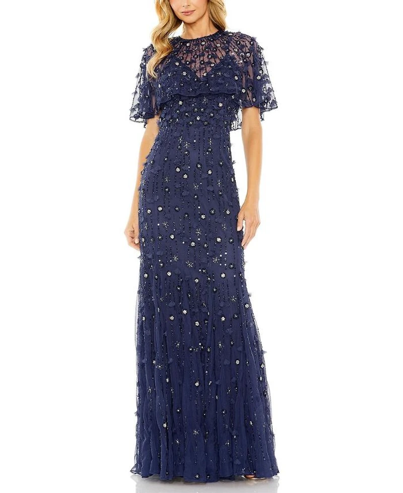 Embellished Illusion Cape Sleeve Trumpet Gown