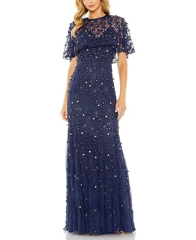 Embellished Illusion Cape Sleeve Trumpet Gown