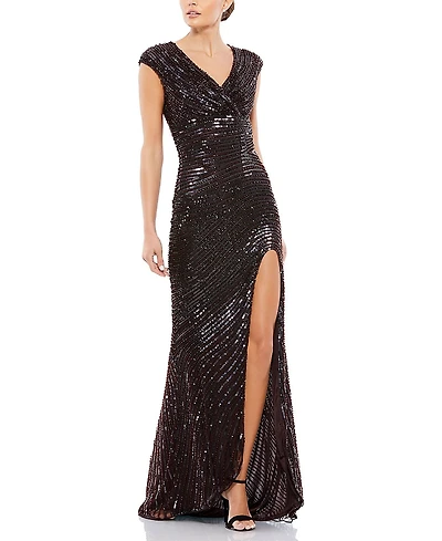 Mac Duggal Cap Sleeve Sequined Evening Gown