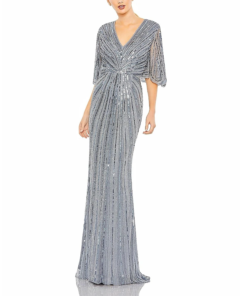 Mac Duggal Sequined V Neck Cape Sleeve Column Gown