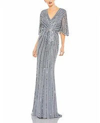 Mac Duggal Sequined V Neck Cape Sleeve Column Gown