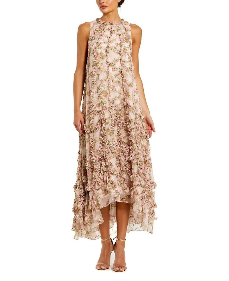 Sleeveless Floral Print Chiffon Micro Ruffle Gown
