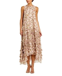 Sleeveless Floral Print Chiffon Micro Ruffle Gown