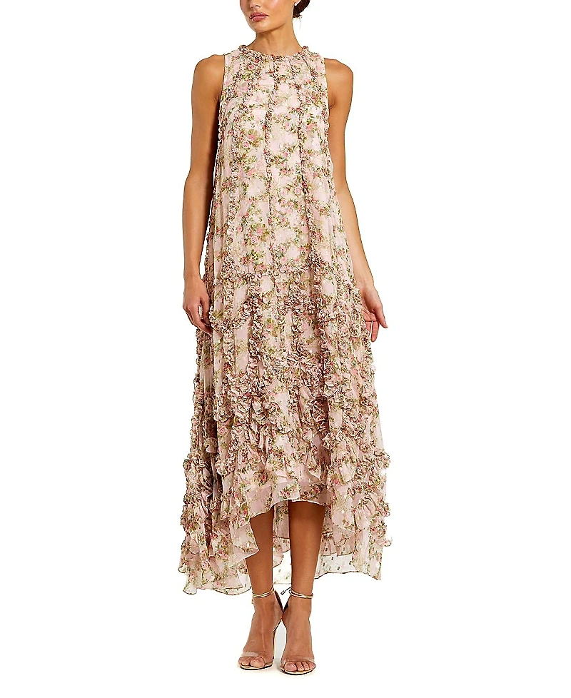 Mac Duggal Sleeveless Floral Print Chiffon Micro Ruffle Gown