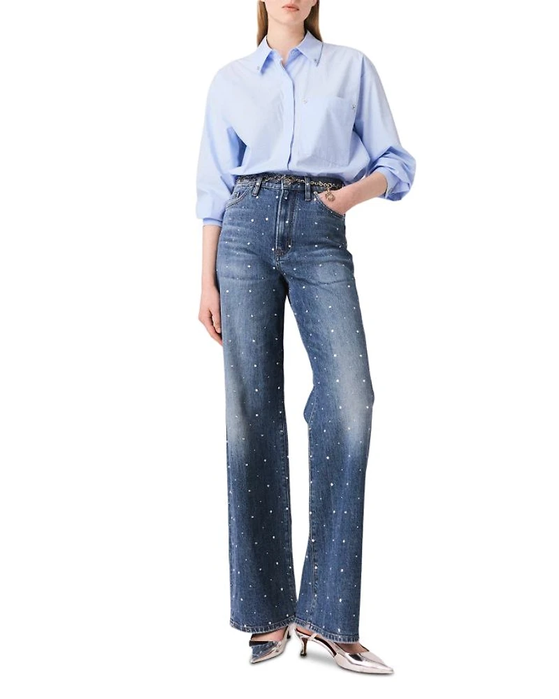 Studded High Rise Wide Leg Jeans Blue