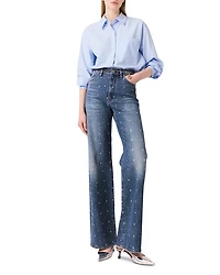 Studded High Rise Wide Leg Jeans Blue