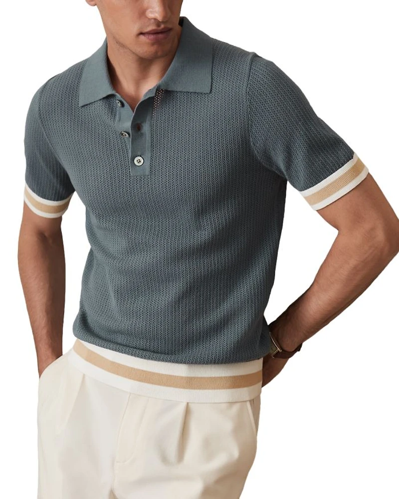 Callie Striped Cuff Perforated Polo Shirt