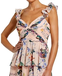 Ruffle Sleeveless Chiffon Tiered Floral Print Gown