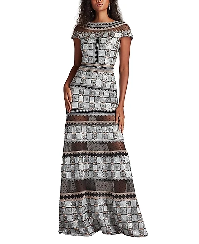 Tadashi Shoji Jovie Sequin Embroidered Illusion Gown