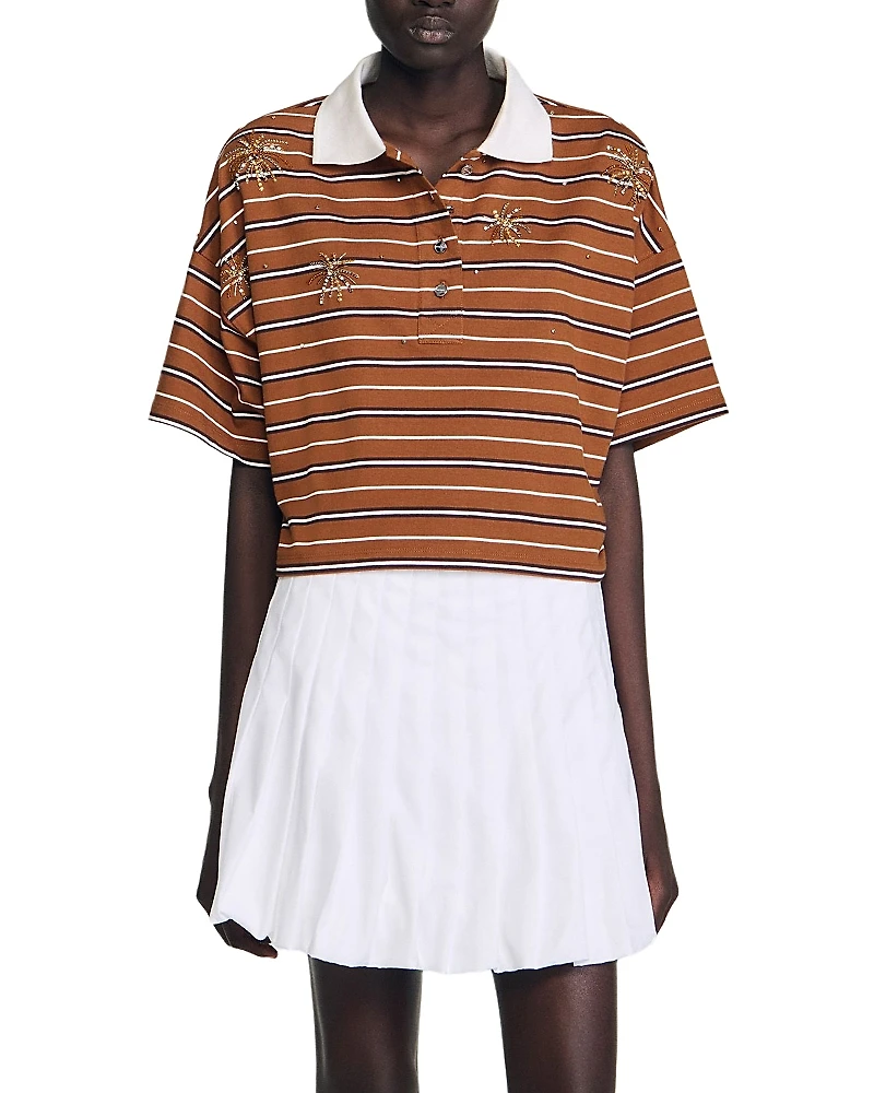 Sandro Striped Rhinestone Polo Tee