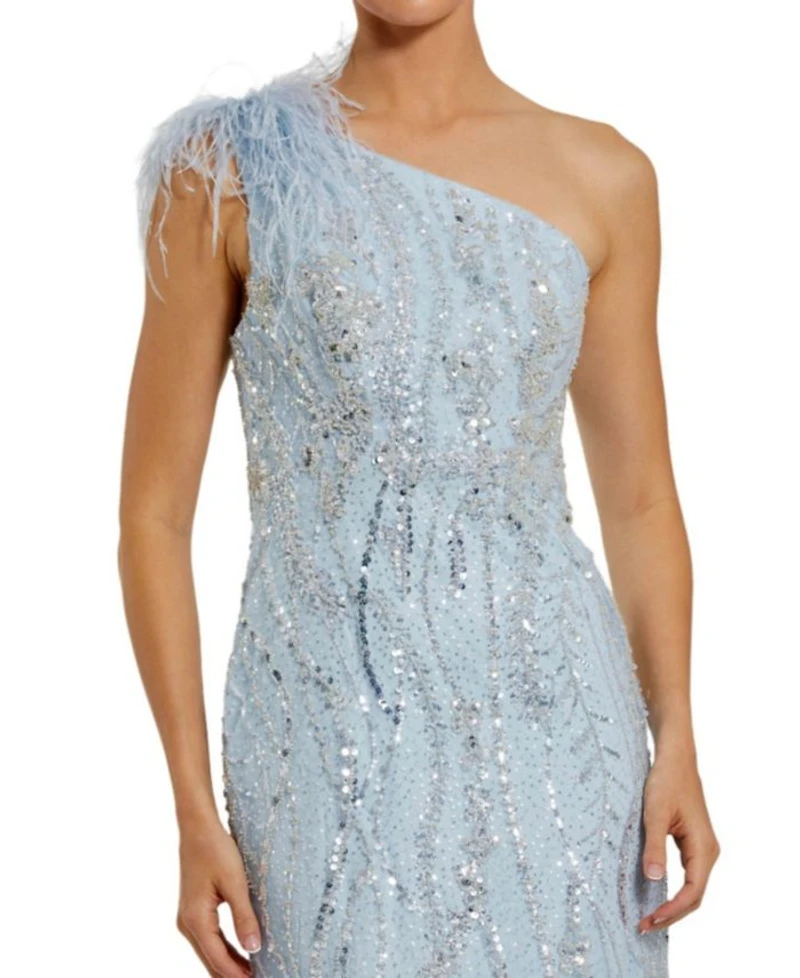 Feathered One Shoulder Embroidered Applique Gown