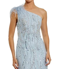 Feathered One Shoulder Embroidered Applique Gown