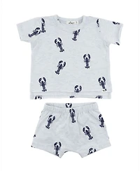 Unisex Lobsters Print Raw Edge Slub Short Set - Baby, Little Kid