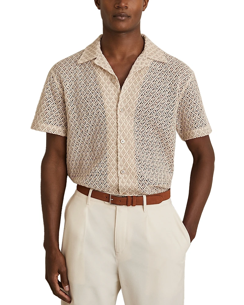 Reiss Sterling Geo Crochet Button Down Camp Shirt