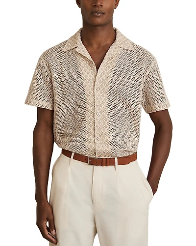 Reiss Sterling Geo Crochet Button Down Camp Shirt