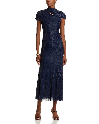 Self-Portrait Rhinestone Mesh Cutout Midi Dress